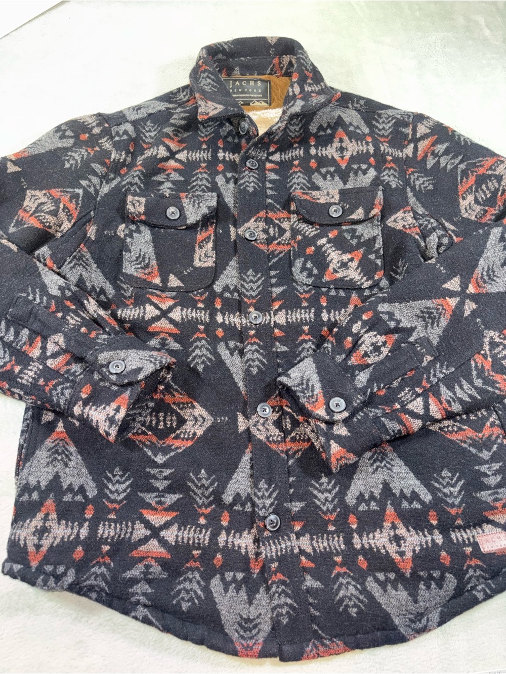JACHS NY Aztec Southwest Sherpa Lined Shirt Jacket Black Grey Sz M
